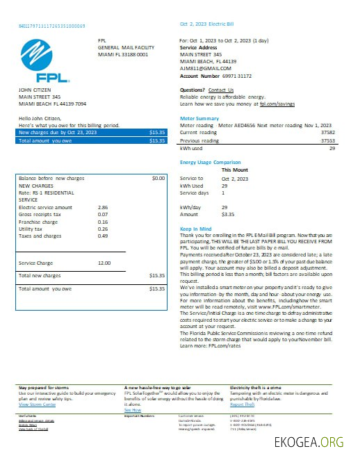 USA Florida FPL  electricity  utility bill Word and PDF formats, version 2